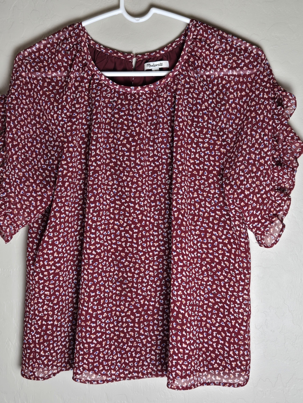 Madewell Blue White Ditsy Floral Lined Blouse Sheer Ruffle Sleeve Top M